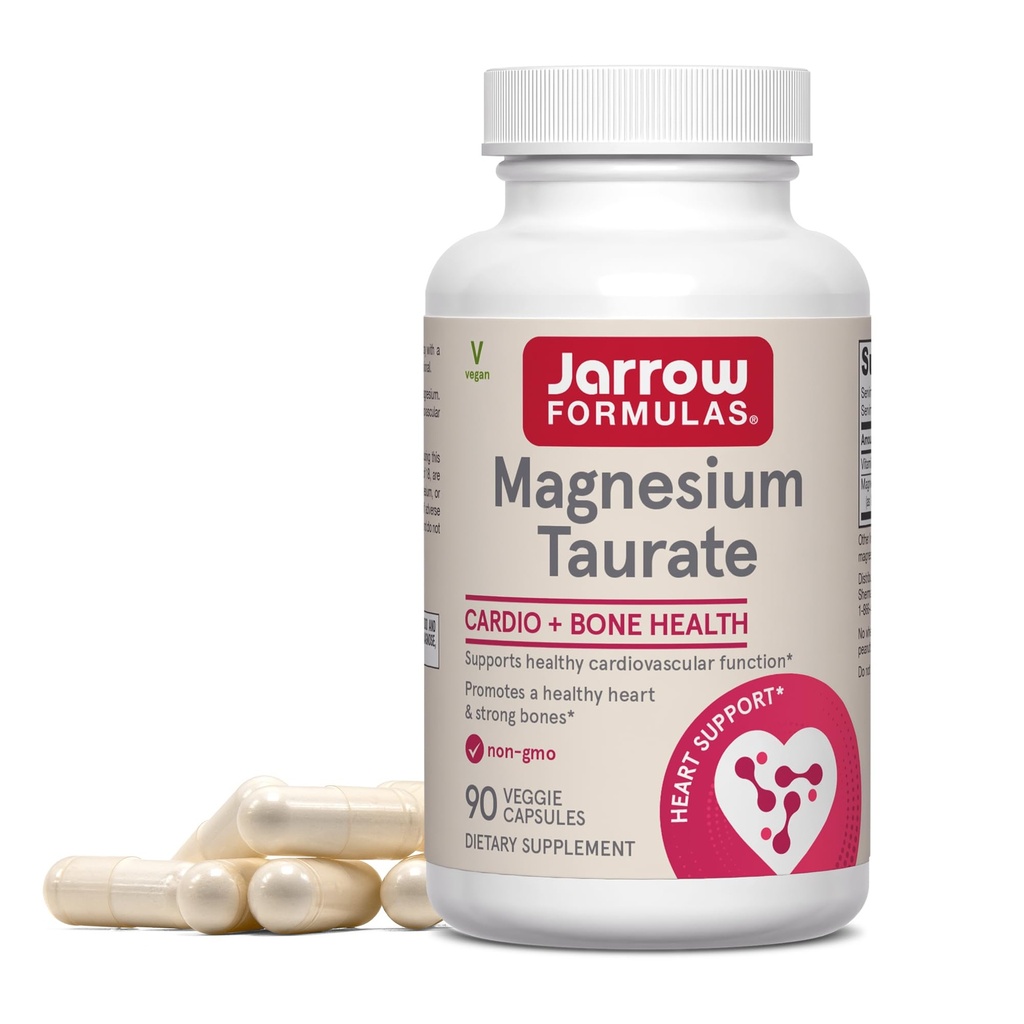 Jarrow Formulas Magnesium Taurate, Dietary Supplement, Supports Cardio and Bone Health, 300 mg per Servings, 90 Veggie Capsules, Up to a 30 Day Supply