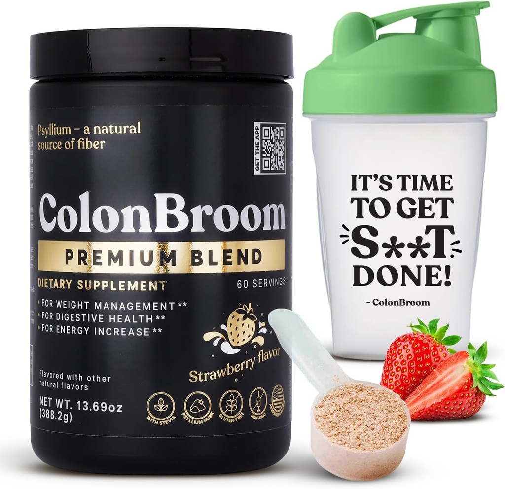 ColonBroom Premium Psyllium Husk Powder (Strawberry, 60 σέρβις) + Shaker Bottle για Colon Broom Fiber Powder Drink Bundle - Cleanse Colon για Bloating Relief & Gut Health - Συμπλήρωμα σκόνης Ίνες