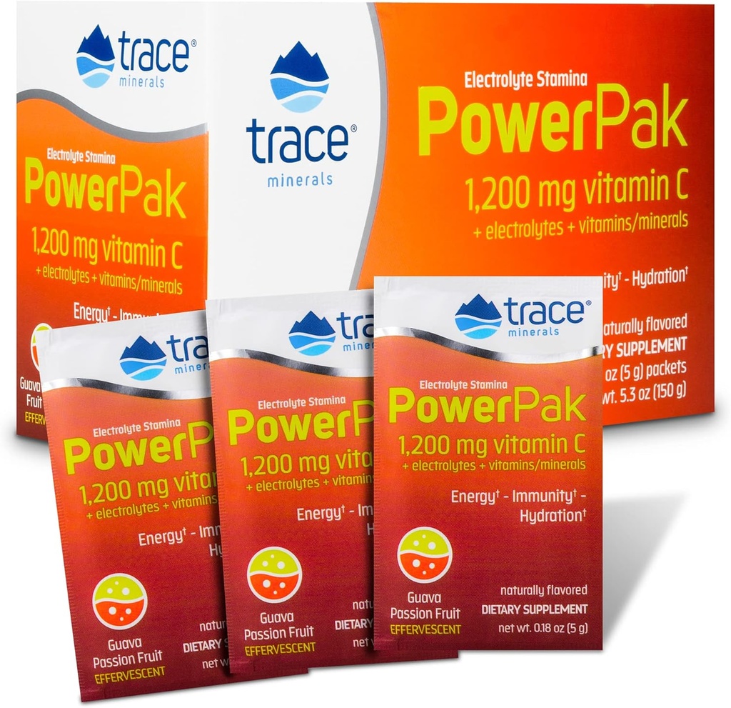 Trace Minerals | Power Pak Electrolyte Toz Paketleri | 1200 mg C, çinko, Magnezyum | Boost Hydration, Immunity, Energy, Muscle Stamina | Guava Passionproduct | 60 Packets