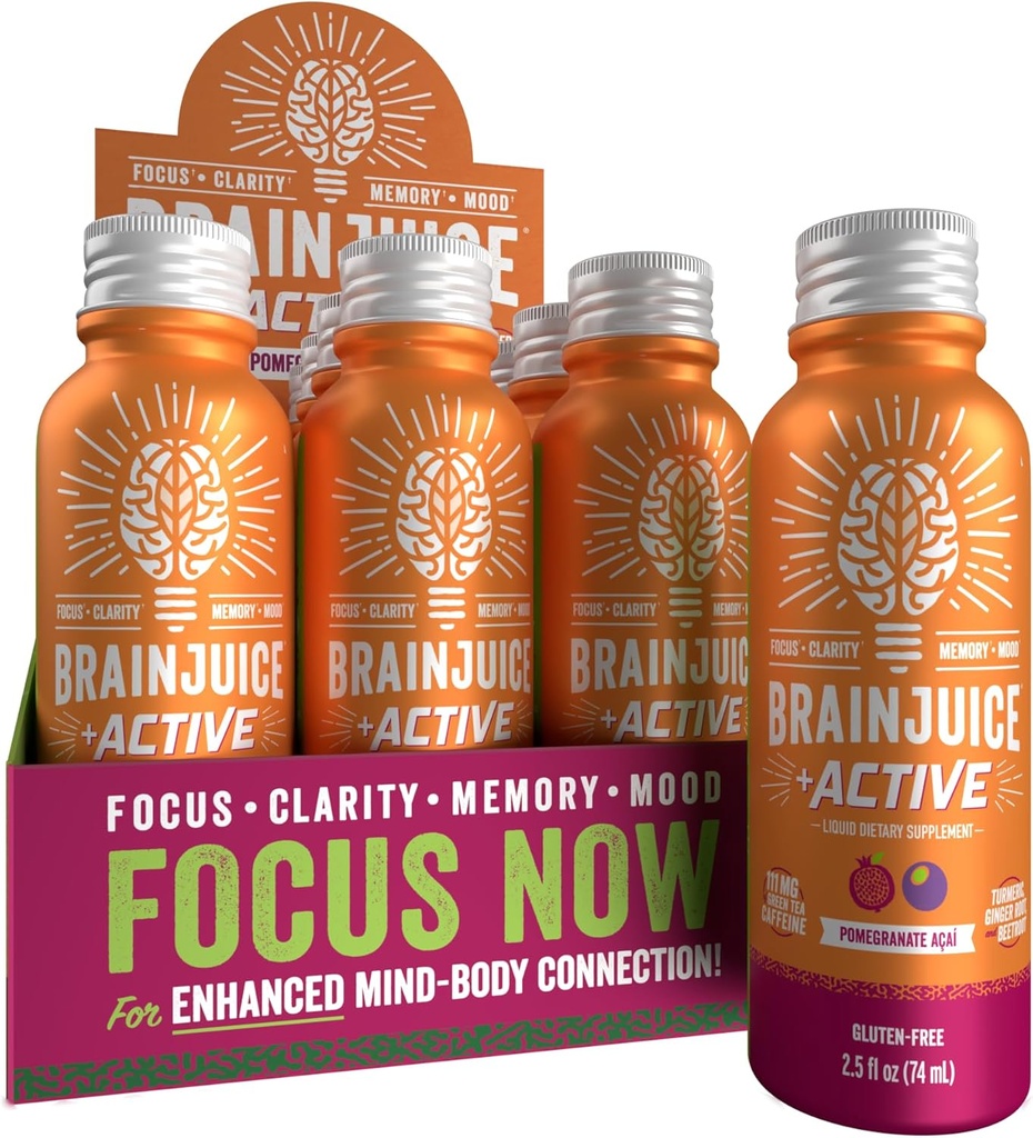 BrainJuice Active Focus & Energy Drink Shots, υποστηρίζει αντοχή, ανάκτηση & σαφήνεια, μη GMO, Χωρίς γλουτένη, Nootropics, Alpha GPC, B Βιταμίνες & Βιολογικό Πράσινο Τσάι, Ρόδι Acai, 2,5 fl oz, 12 Pack