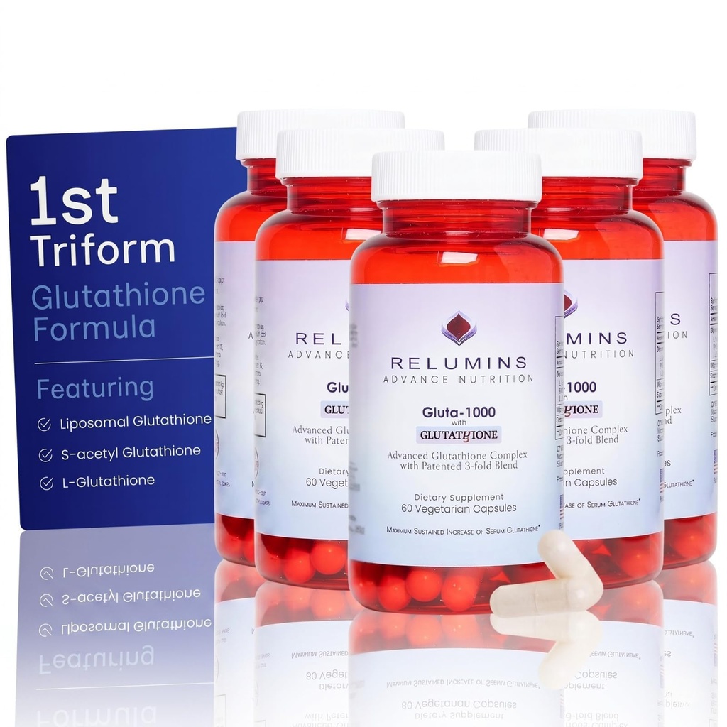 Relumins L Glutathione Supplement Kompleksi - Alfa Lipoic Acid & Rose HIPS Capsules ile Nourished & Smoother Skin, 60 Caps x 5 Şişes