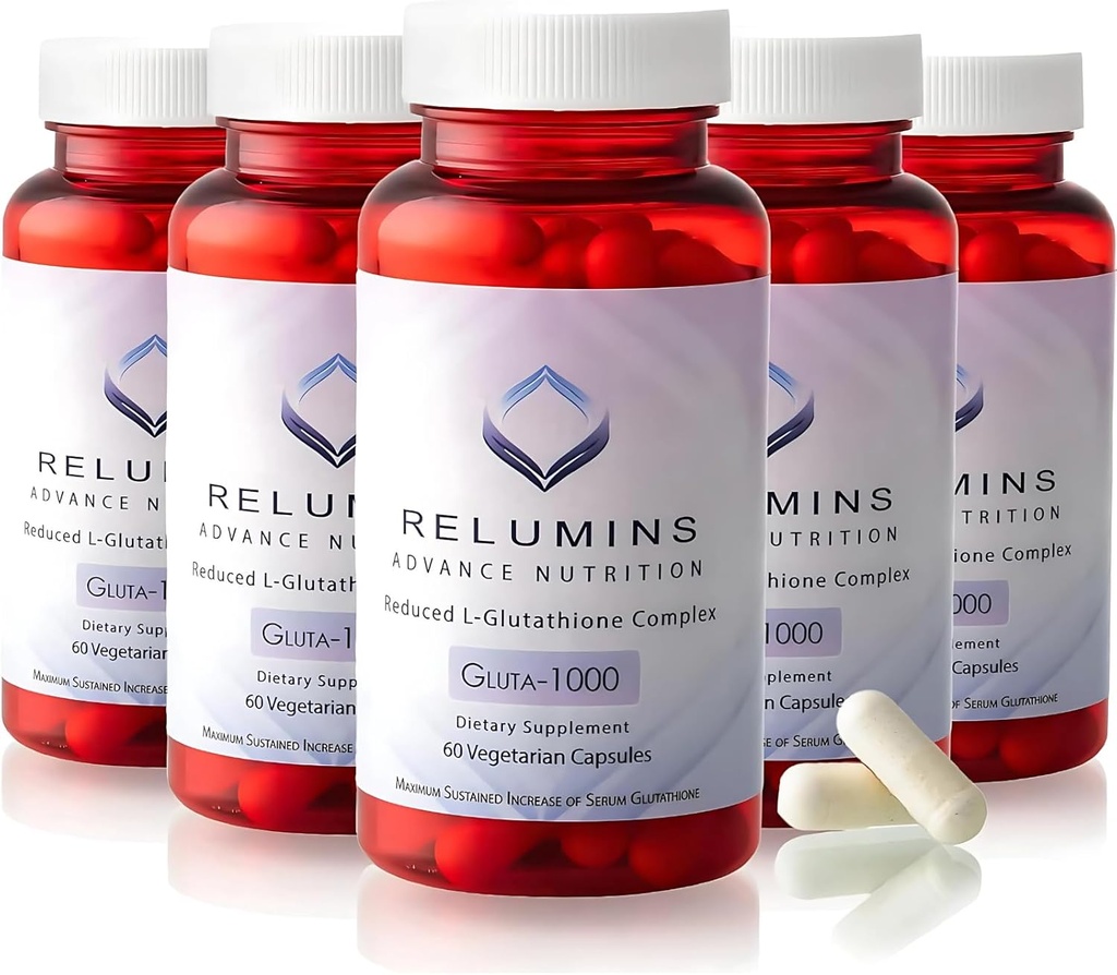 Relumins L Glutathione Supplement Kompleksi - Alfa Lipoic Acid & Rose HIPS Capsules ile Nourished & Smoother Skin, 60 Caps x 5 Şişes