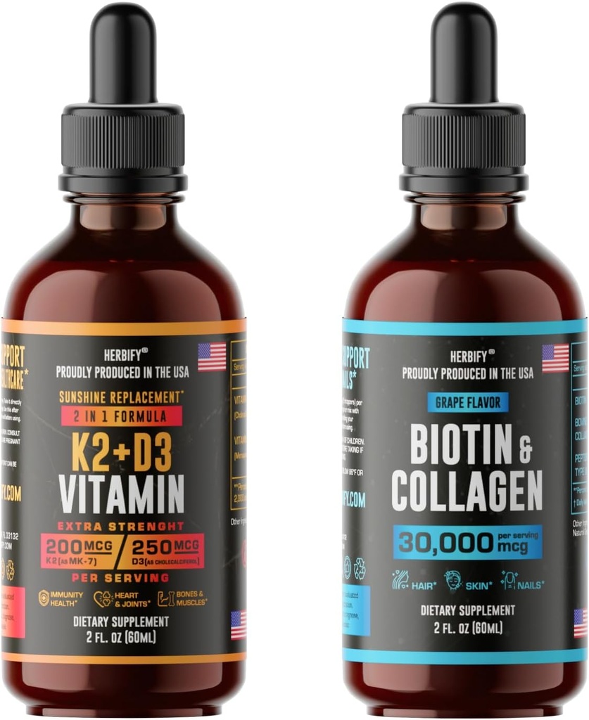 HERBIFY Sche - K2 ve D3 Drops & Biotin ve Collagen Drops - Bone Strength & Hair, Skin, Nails Support & Hair, Skin, Nails Support