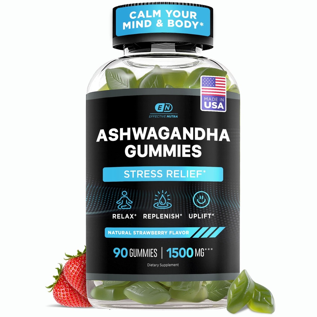 EFFECTIVE NUTRA Ashwagandha Gummies 1500 mg | Stres Yardımı, Immune Support, Calm Mood, Energy | Natural Berry Flavor | 45-Day Supply | Vegan, Gluten-Free, Non-GMO | Supplement for Men & Women (90ct)