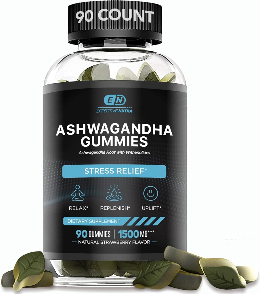 EFFECTIVE NUTRA Ashwagandha Gummies 1500 mg | Stres Yardımı, Immune Support, Calm Mood, Energy | Natural Berry Flavor | 45-Day Supply | Vegan, Gluten-Free, Non-GMO | Supplement for Men & Women (90ct)