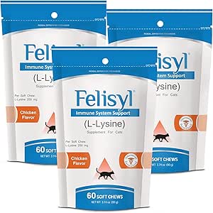 L-Lysine Soft Chews for Cats (60 Soft Chews) – Supports Immune, Respiratory, and Eye Health. Eases Sneezing, Runny Nose, and Watery Eyes. Tasty Salmon Flavor - (3 Pack)