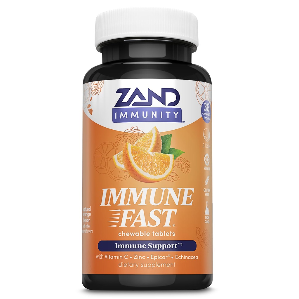 ZAND Immunity Immune Fast Zesty Orange Chewables - συμπλήρωμα υποστήριξης του ανοσοποιητικού w/Epicor Fermented Yeast, Βιταμίνη C 1000mg, Ψευδάργυρος, Echinacea - Μη ΓΤΟ, Vegan, Χωρίς γλουτένη, 60-Ημέρες Εγγύηση, 10 Μερίδες
