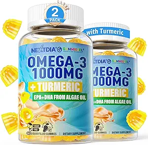 Vegan Omega-3 Gummies 1000 mg + Turmeric - Omega 3 Fish Oil Alternative for Yetişkinler - Algae DHA 600 mg & EPA 300 mg, Vitamins A, C, E, çinko & MSM, Sugar Free, 120 Cts