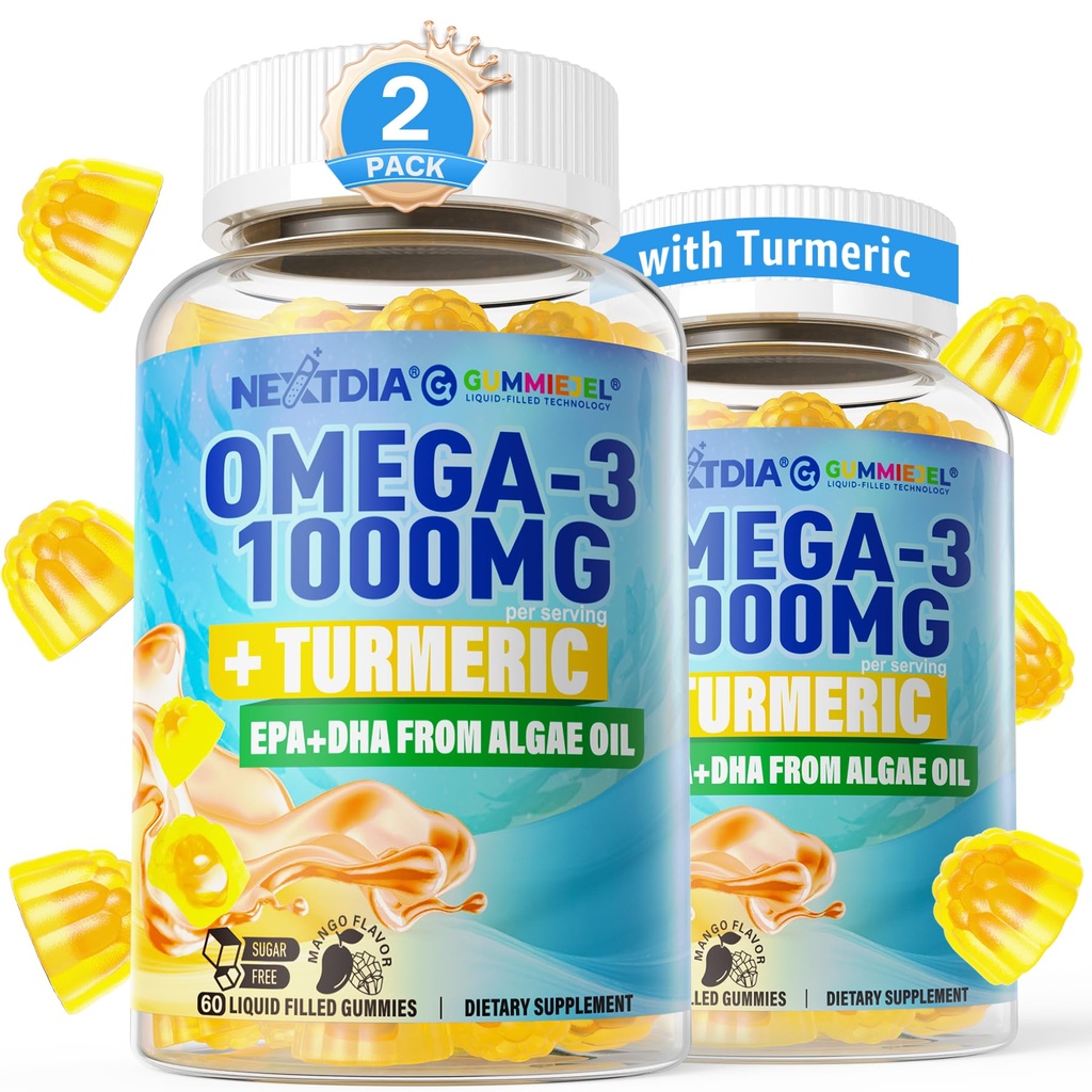 Vegan Omega-3 Gummies 1000mg + Turmeric - Omega 3 Fish Oil Alternative for Adults - Algae DHA 600mg & EPA 300mg, Vitamins A, C, E, Zinc & MSM, Sugar Free, 120 Cts
