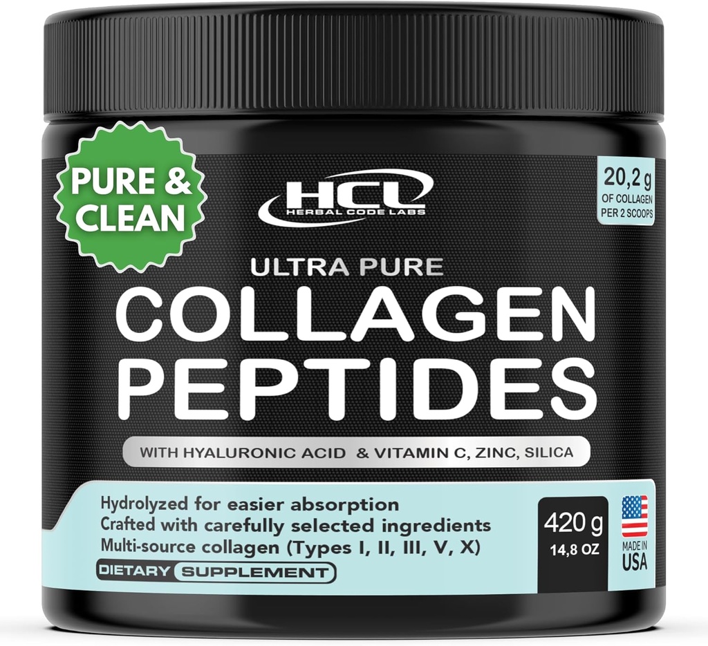 Κολλαγόνο Peptides Σκόνη με Βιταμίνη C & Υαλουρονικό Οξύ - από Οργανικές Καθαρότερες Πηγές & Σούπερ Υψηλή Απορρόφηση - Υδρολυμένο Multi Type I, II, III, V, X - Δερμάτινο συμπλήρωμα μαλλιών Made in USA