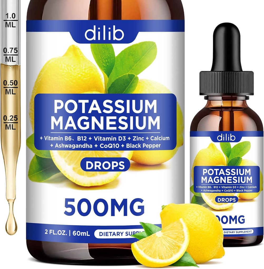 Potasyum Magnezyum Citrate Supplement, Sıvı Citrate Drops 500 mg with Ashwagandha, Macau, Vitamin D3, B6, B12, CoQ10 - Vegan 2 fl oz Lemon Flavor