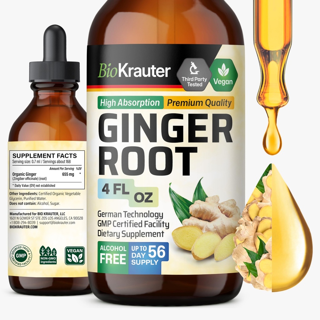 BIO KRAUTER Ginger Root Extract - Natural Ginger Supplements for General Wellness - Alkol ve Şeker Free - Vegan Drops 4 Fl.Oz.
