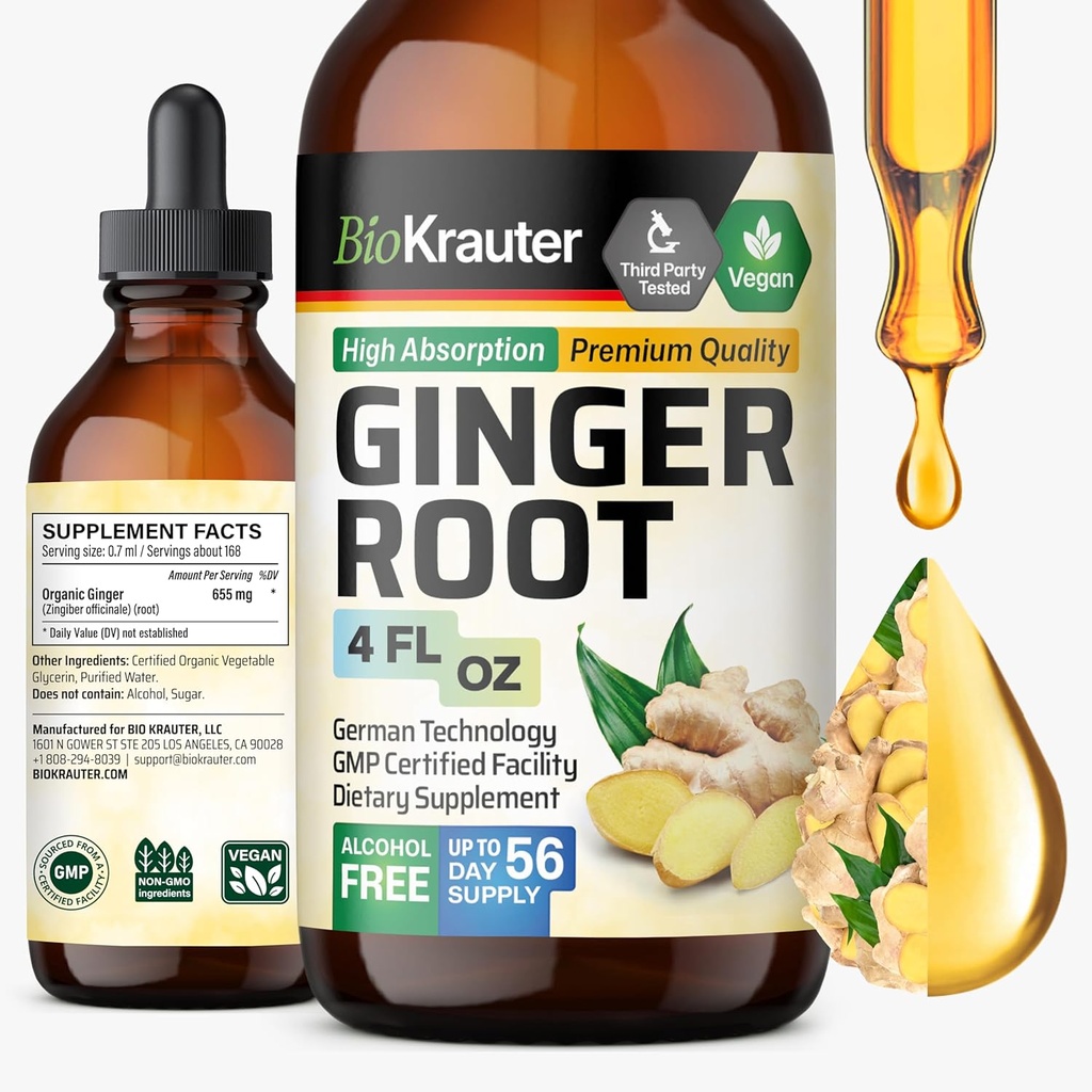 BIO KRAUTER Ginger Root Extract - Natural Ginger Supplements for General Wellness - Alkol ve Şeker Free - Vegan Drops 4 Fl.Oz.