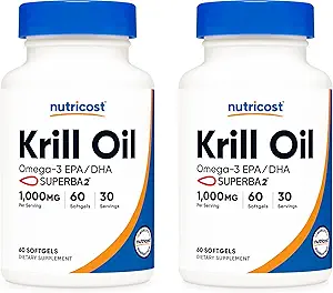 Nutricost Krill Oil 1000mg; 60 Liquid Softgels (2 Bottles) - Omega-3 EPA-DHA