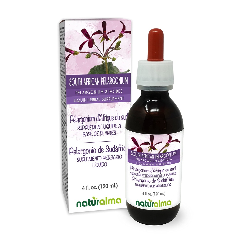 Naturalma South African Pelargonium veya Umckaloaba (Pelargonium sidoides) Root Alkol Özgür Tincture - 4 fl oz Sıvı Ekstralama - Vegan