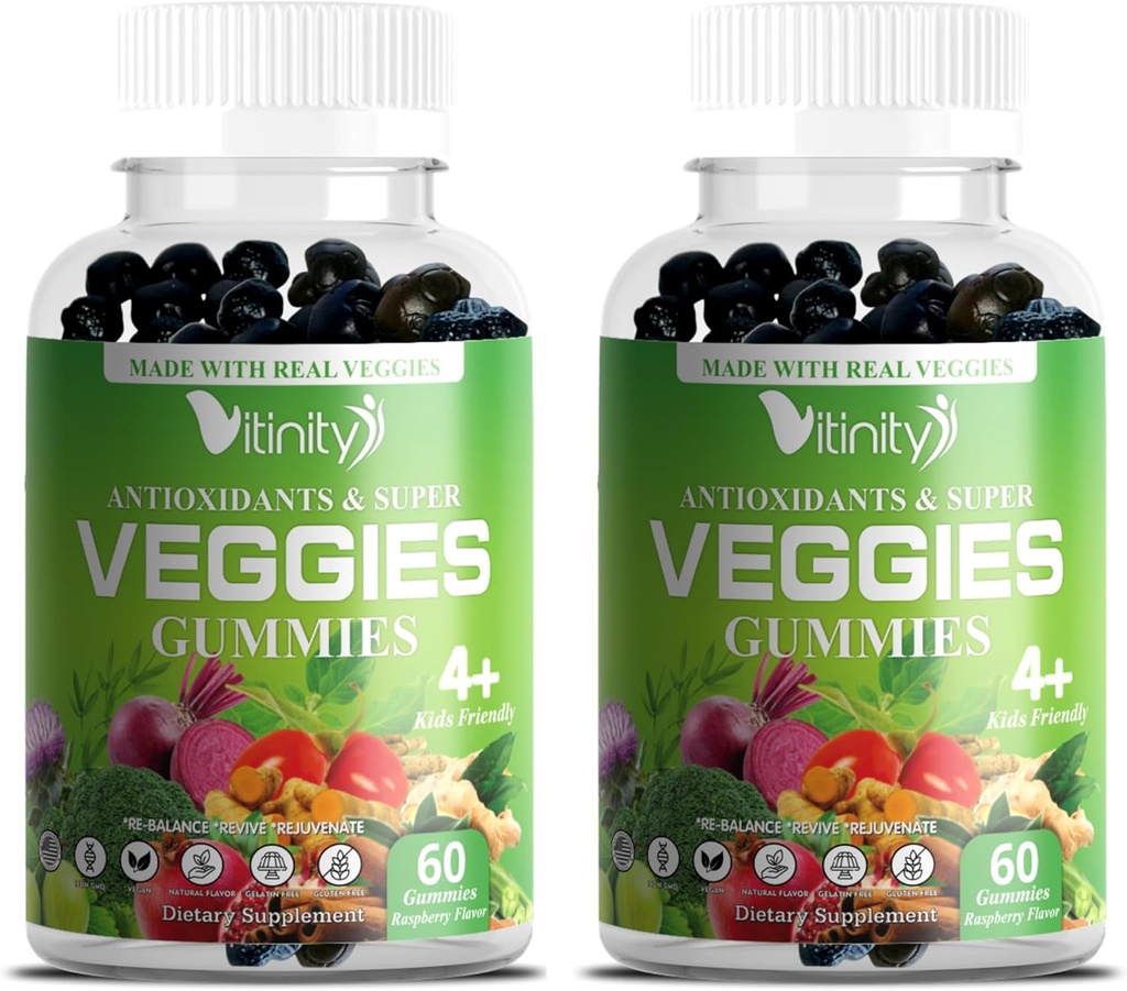 VITINITY Veggies Supplement-Made with Real Super Veggies Delicious Gummies(120 Chews),30 Veggies,Herbs,Fruit and Vegetable Supplement,Non-GMO,Pectin-Based,Gluten-Free,No More Pills (60 Day)