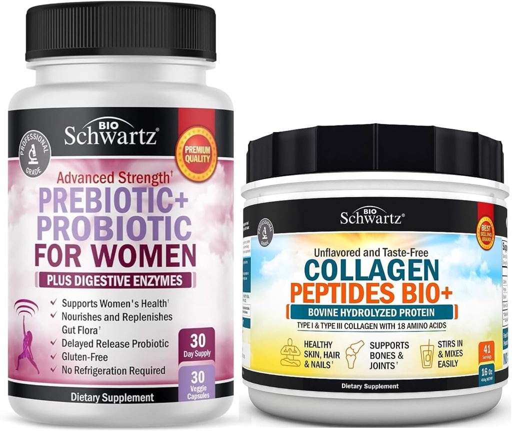 BioSchwartz Hydrolyzed Collagen Hydro Toz (40+ hizmet) Artı Prebiyotikler ve Probiyotikler Kadınlar için Digestive Enzymes (1 Ay Supply)