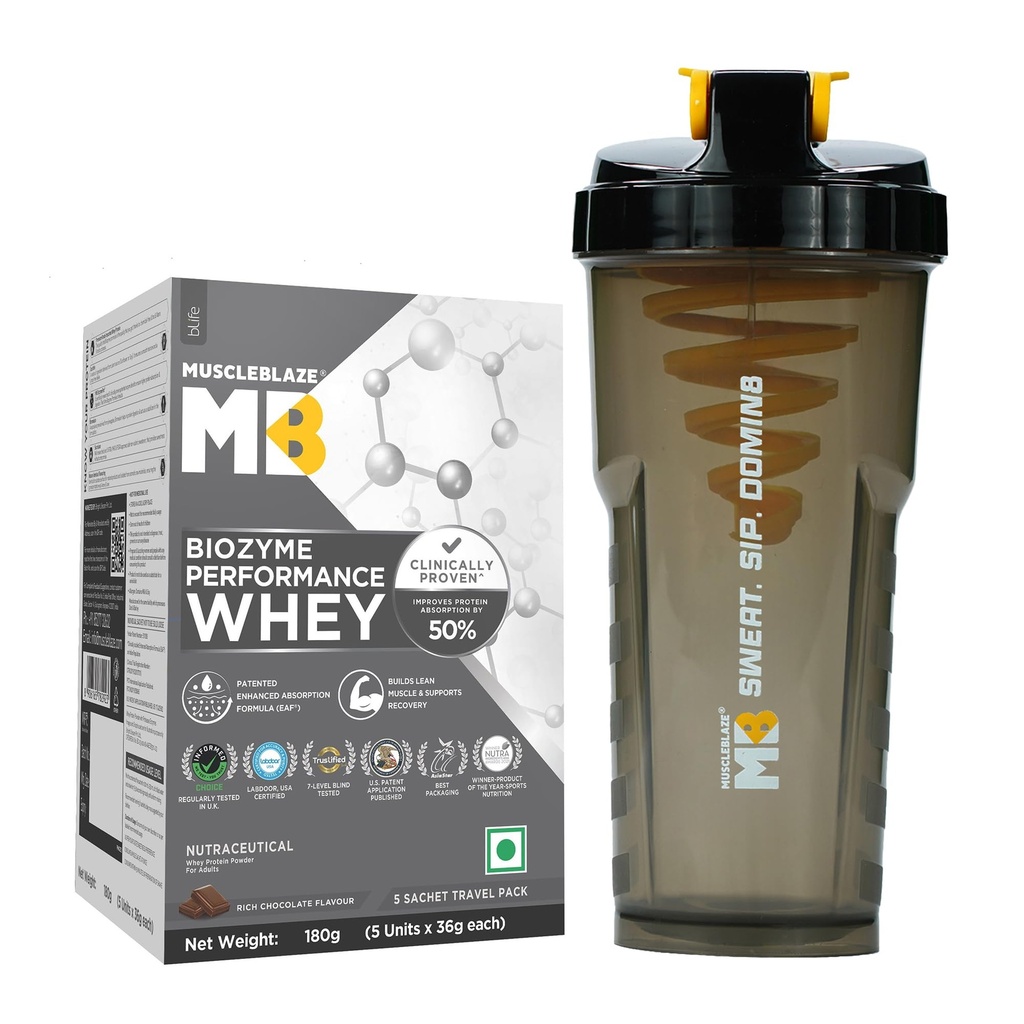 MuscleBlaze Biozyme Performance Whey Protein Powder, 5 Sachets + Shaker