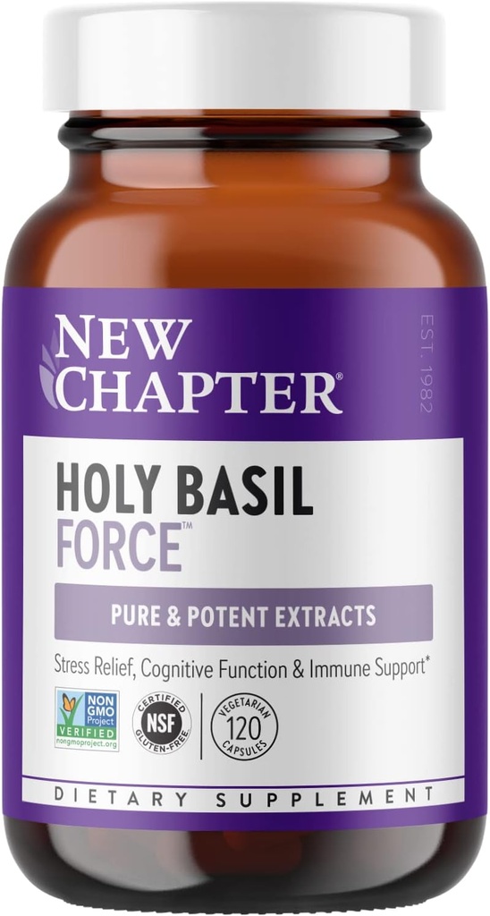 New Chapter Stress Relief Supplement - Holy Basil Force with Supercritical Holy Basil for Stress Support + Immune Support + Non-GMO Ingredients - Vegetarian Capsules, 120 Count