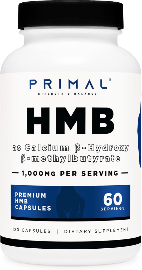 Primal HMB (1000 mg, 120 Capsules) | Sporcu Formula, Gluten-Free, Non-GMO, 60 Hizmet