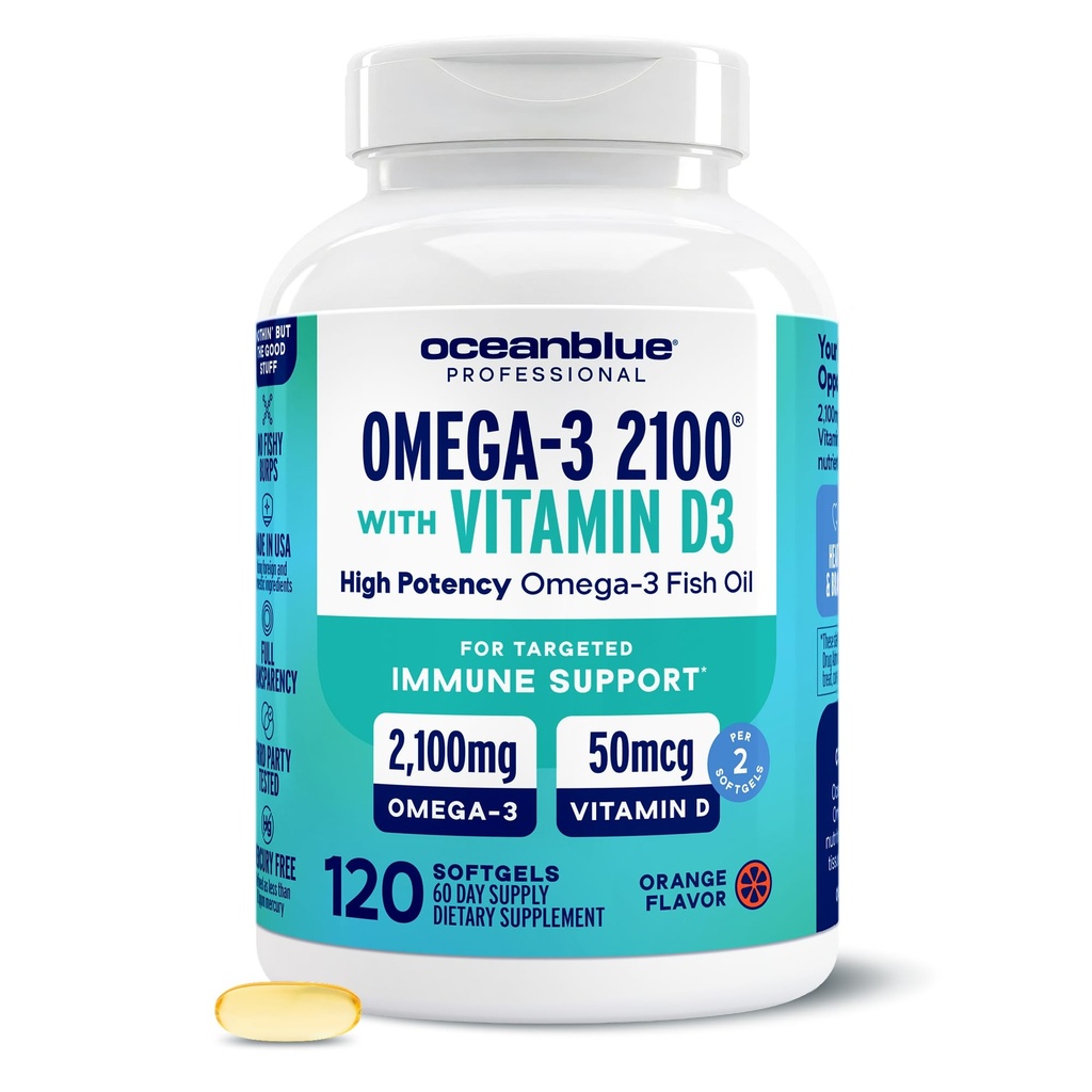 Oceanblue Professional Omega-3 2100 with Vitamin D3 – 120 ct – Triple Strength Burpless Fish Oil Supplement with High-Potency EPA, DHA, DPA ve Vitamin D3 – Wild-Caught – Orange Flavor (60 Hizmet)