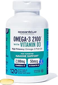 Oceanblue Professional Omega-3 2100 with Vitamin D3 – 120 ct – Triple Strength Burpless Fish Oil Supplement with High-Potency EPA, DHA, DPA ve Vitamin D3 – Wild-Caught – Orange Flavor (60 Hizmet)