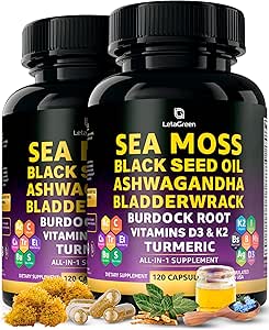 Sea Moss Capsules – 17-in-1 Cooldha Bladderwrack Burdock Root Turmeric Vitamin D3 K2 C for Daily Wellness – Multimineral Supplement for Men & Women – 240 Count