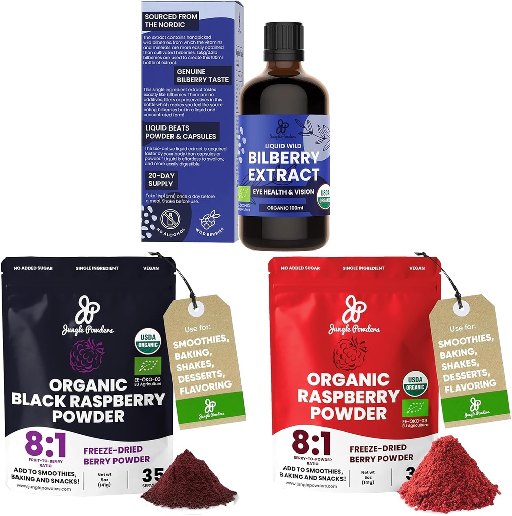Ζούγκλα σε σκόνη Wild Bilberry εκχύλισμα για τα μάτια USDA Organic 3.4oz Μπουκάλι, μαύρο κόκκινο σμέουρο σε σκόνη Bundle 5 τσάντα ουγγιάς, παγώσει αποξηραμένα σμέουρες για ψήσιμο smoothies Αφυδατωμένα φρούτα