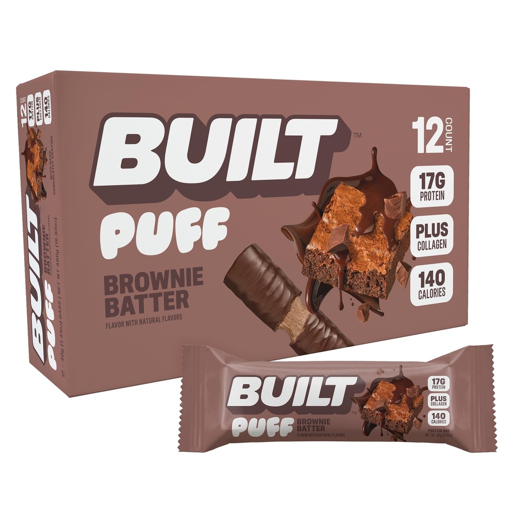İnşa edilen Bar, Puff protein Bars, Brownie Batter Puff, 17g Protein Snacks, On-The-Go Bars, Only 140 Calories, 6g Sugar, Collagen, Gluten Free, 12 Count