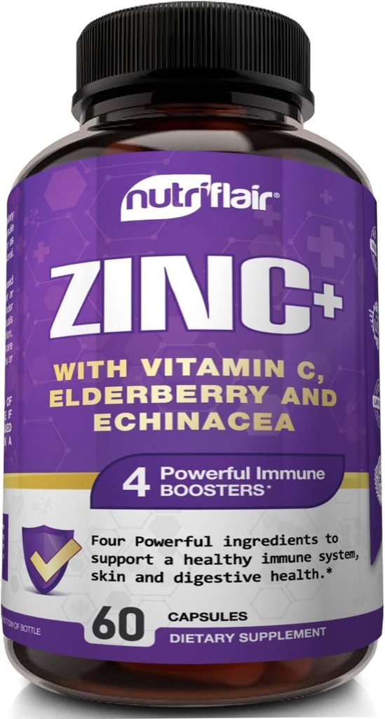 NutriFlair çinko 50 mg - C vitamini, Elderberry, Echinacea Purpurea Ekstraksiyon, çinko Oksit - Photoolinate, Citrate, Hoffman - Tamam Immune Support Formula Pills with 4 Immune Defense