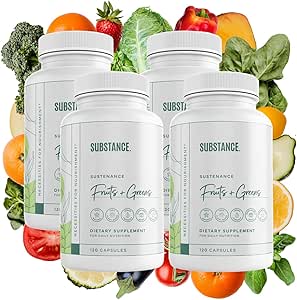 SUBSTANCE. 4-pck Nature's Sustenance Daily Greens, Daily Fruit and Veggies Supplement - Gelişmiş Enerji, Ruh Clarity - Meyveler ve Sebze Tamamları - ABD Made, Vegan-Friendly - 120 Hizmetler.