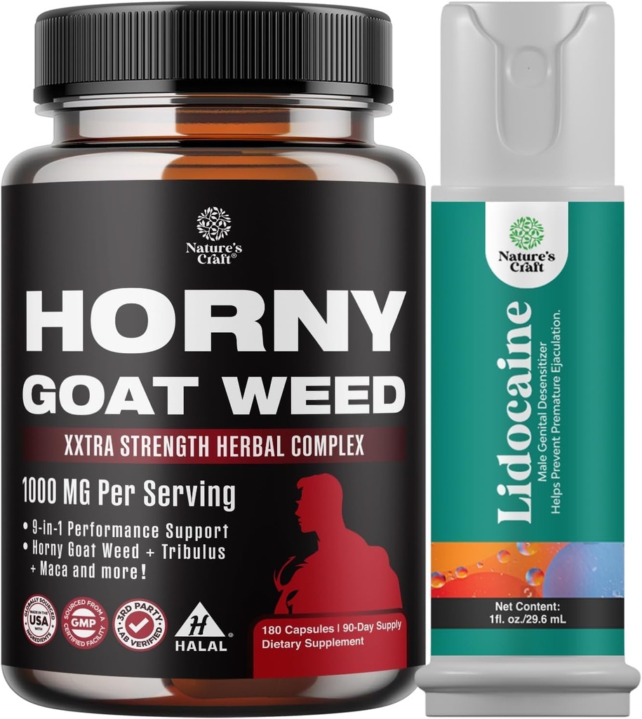 Bundle of Horny Goat Weed for Men - Extra Strength Male Supplement, και Λιδοκαΐνη Αποευαισθητοποίηση Topical Spray Climax Control for Longer Lasting Performance - Boost Endurance and Stamina Fast Acting