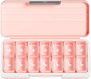 Zoksi Am Pm Pill Organizer 7 Ημέρα, Weekly Pill Box 2 φορές την ημέρα, Medicine Pill Organizer with Separate Compartment, Travel Pill Case Dispenser Φορητό για βιταμίνες, ιχθυέλαια, φάρμακα (Pink)