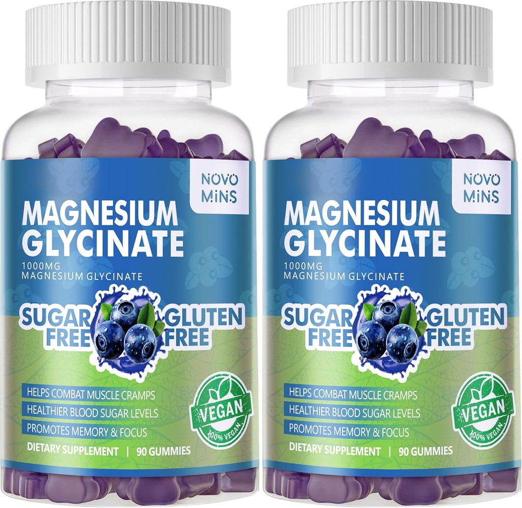 180 CT Μαγνήσιο Γλυκινικό Gummies 1000mg - Συμπλήρωμα χωρίς ζάχαρη Μαγνήσιο Κάλιο με βιταμίνη D, B6, CoQ10 για υποστήριξη ηρεμίας & ύπνου - 180 Gummies βατόμουρο.