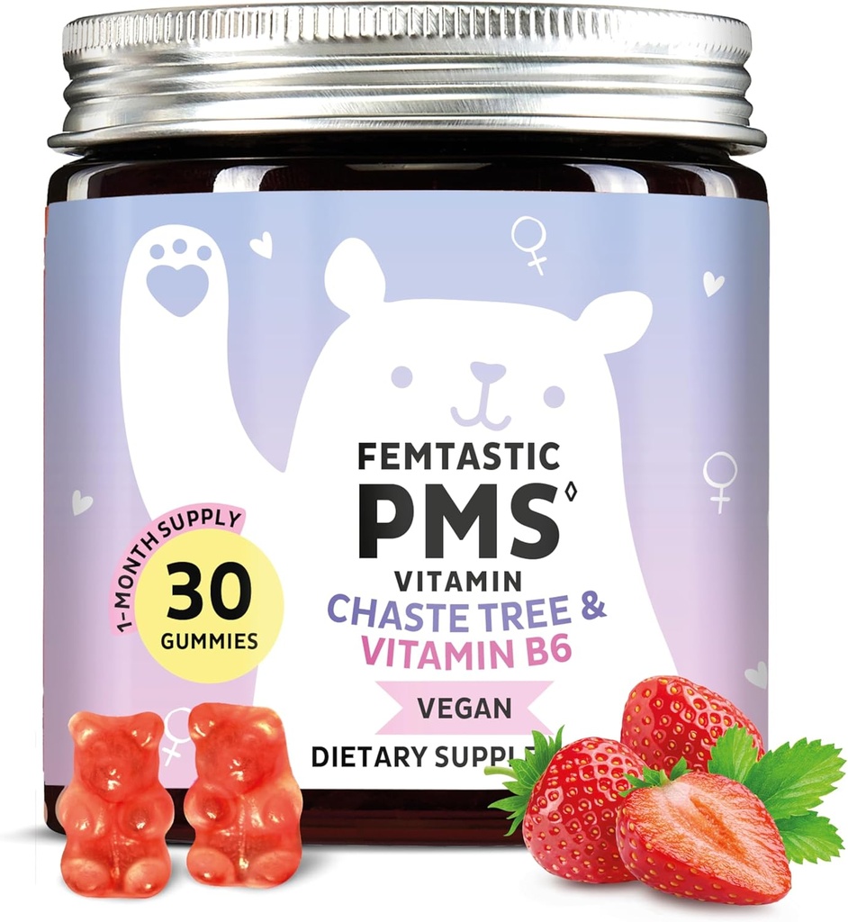 PMS Support Supplement for Women. Menstrual Relief Gummies to Target Hormonal Breakouts, Bloating, period Cramps, & Mood Swings. Vegan, B6 & Lemon Balm ile, 30 Gummies