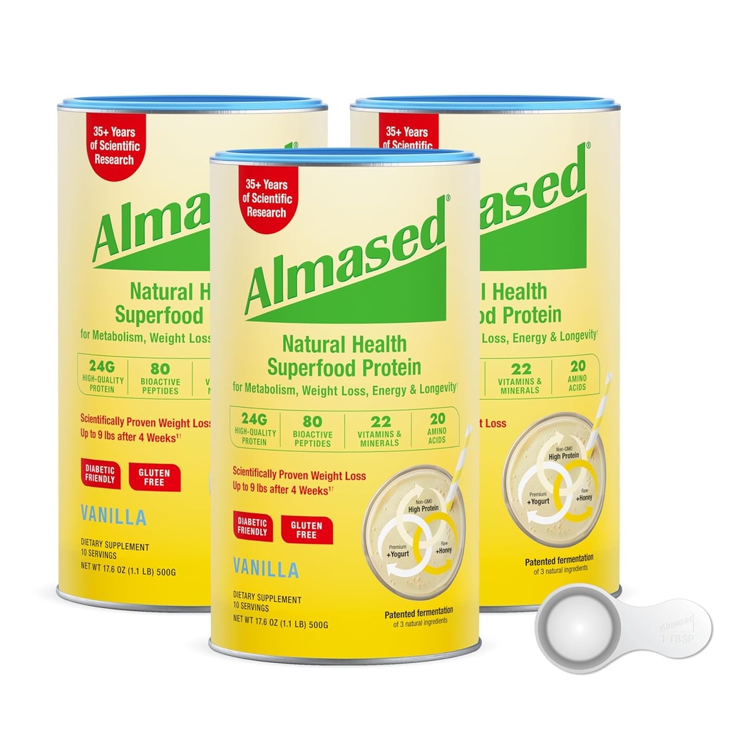 Almased Protein Powder for Weight Loss Kit for Men & Women, Φυσικό γεύμα αντικατάστασης Shake for Weight Loss, Συμπλήρωμα, 24 γραμμάρια πρωτεΐνης ανά υπηρεσία (Almond Vanilla Flavor, 3 Cans @ 17.6 oz ea + Scoop)