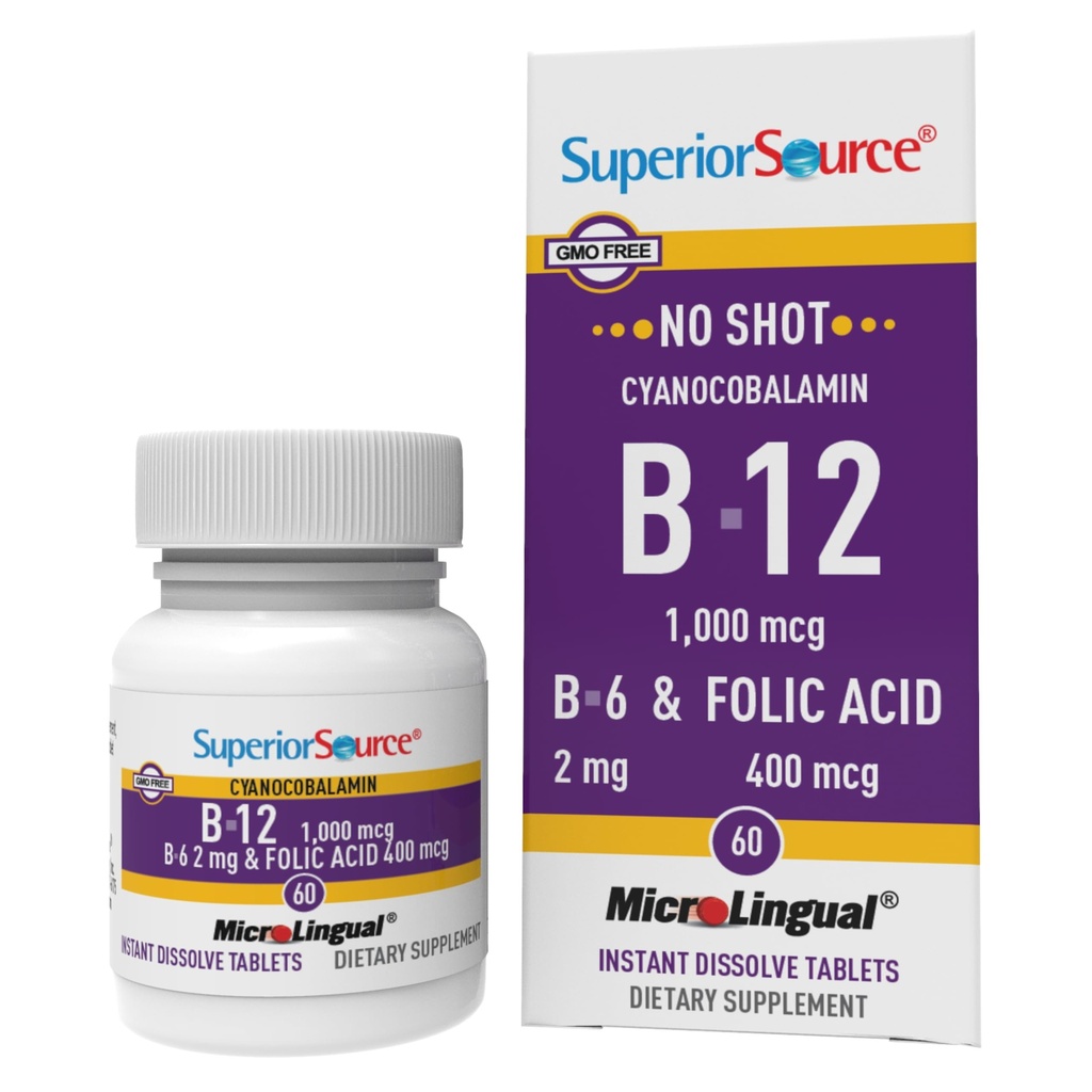 Üstün Kaynak No Shot Vitamin B-12 Cyanocobalamin 1000 mcg, B-6, Folic Acid 400 mcg - Support Brain & Heart Health - Aids Natural Energy Levels - 60 Sublingual Discrypt Tablets - 60 Sublingual Dis