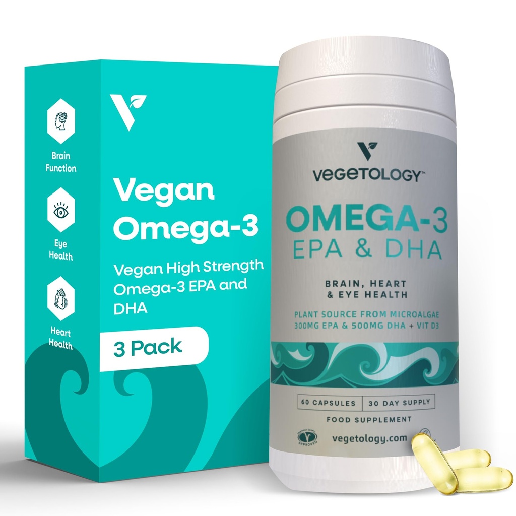 Vegan Omega 3 Supplement – EPA, DHA Supplements & Vitamin D3 – Algae Omega 3 Vegan Beyin, Göz ve Kalp Sağlığı - Çocuklar ve Yetişkinler için (180 Capsules)