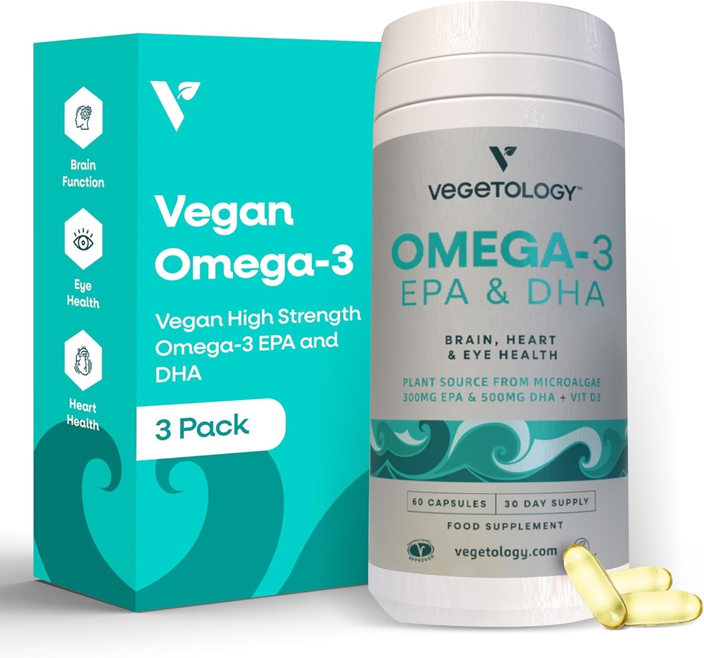 Vegan Omega 3 Supplement – EPA, DHA Supplements & Vitamin D3 – Algae Omega 3 Vegan Beyin, Göz ve Kalp Sağlığı - Çocuklar ve Yetişkinler için (180 Capsules)