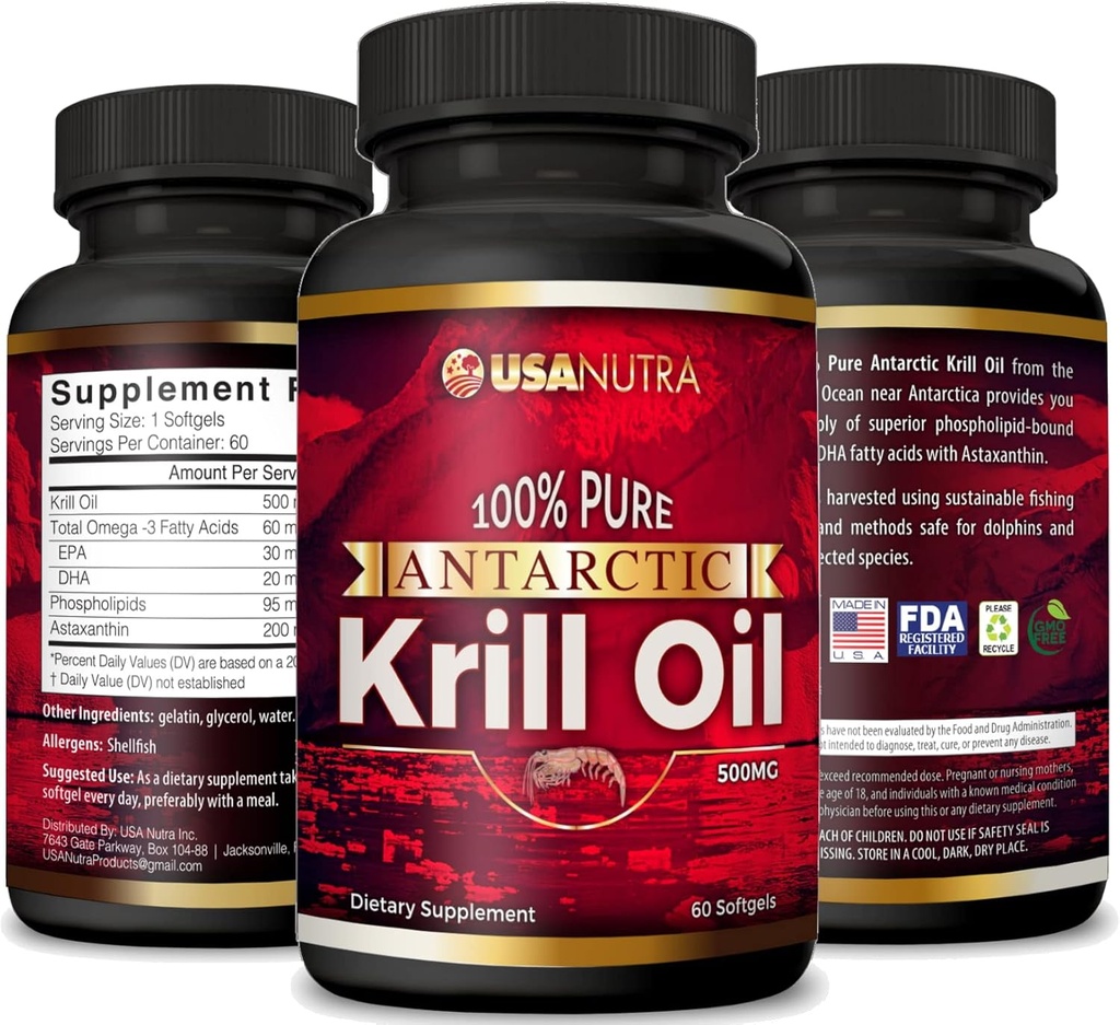 Antarktika Krill Oil Softgels 100% Pure with Omega-3 EPA DHA Astaxanthin 1000 mg per Day (2 Softgels). ABD'de Made in the USA