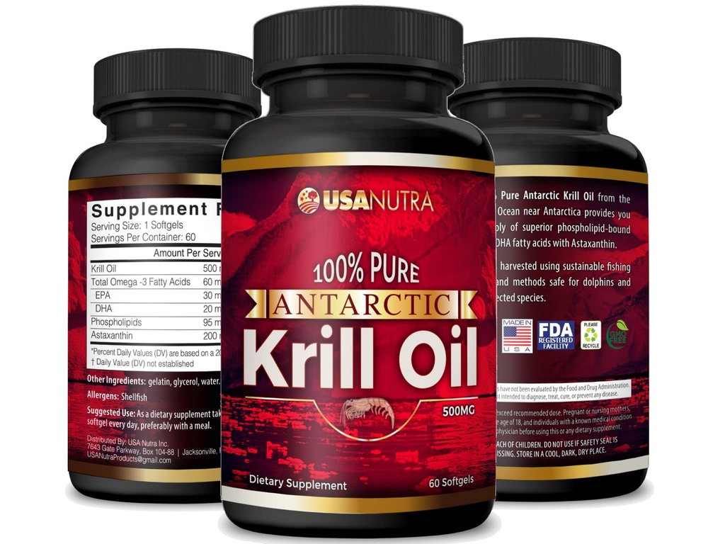 Antarktika Krill Oil Softgels 100% Pure with Omega-3 EPA DHA Astaxanthin 1000 mg per Day (2 Softgels). ABD'de Made in the USA