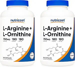 Nutricost L-Arginine L-Ornithine 750 mg; 180 Capsules (2 Şişe)