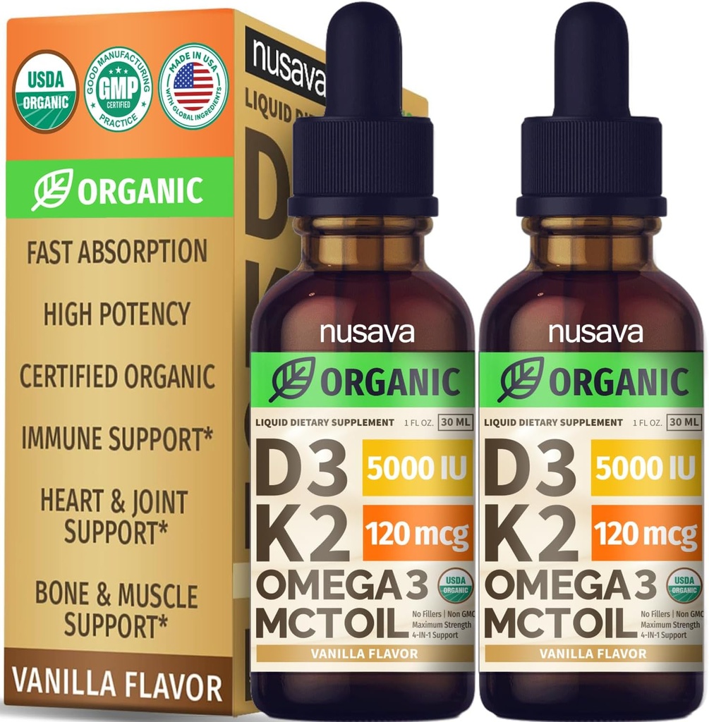 (2 Pack) Organic Vitamin D3 K2 Drops with MCT Oil Omega 3, 5000 IU - Maximum Strength Vitamin D Liquid, No Fillers, Non-GMO Liquid D3 for Faster Absorption and Immune Support (Vanilla, 1 Fl OZ x 2)