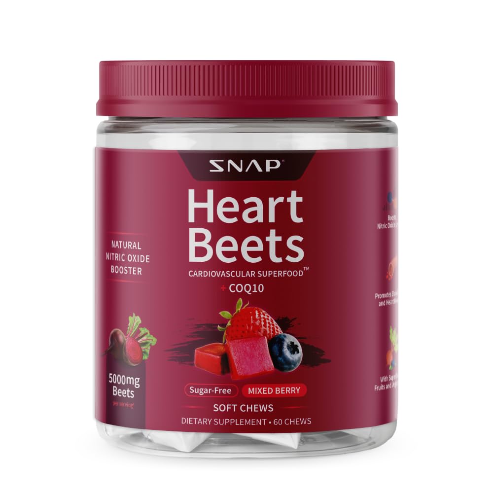 Snap Supplements Heart Beets Organic Beet Root Soft Chews, Cardiovascular Men & Women, CoQ10 & Red Spinach, Heart Health & Circulation Support, Sugar Free, Karma Berry, 60 Chews