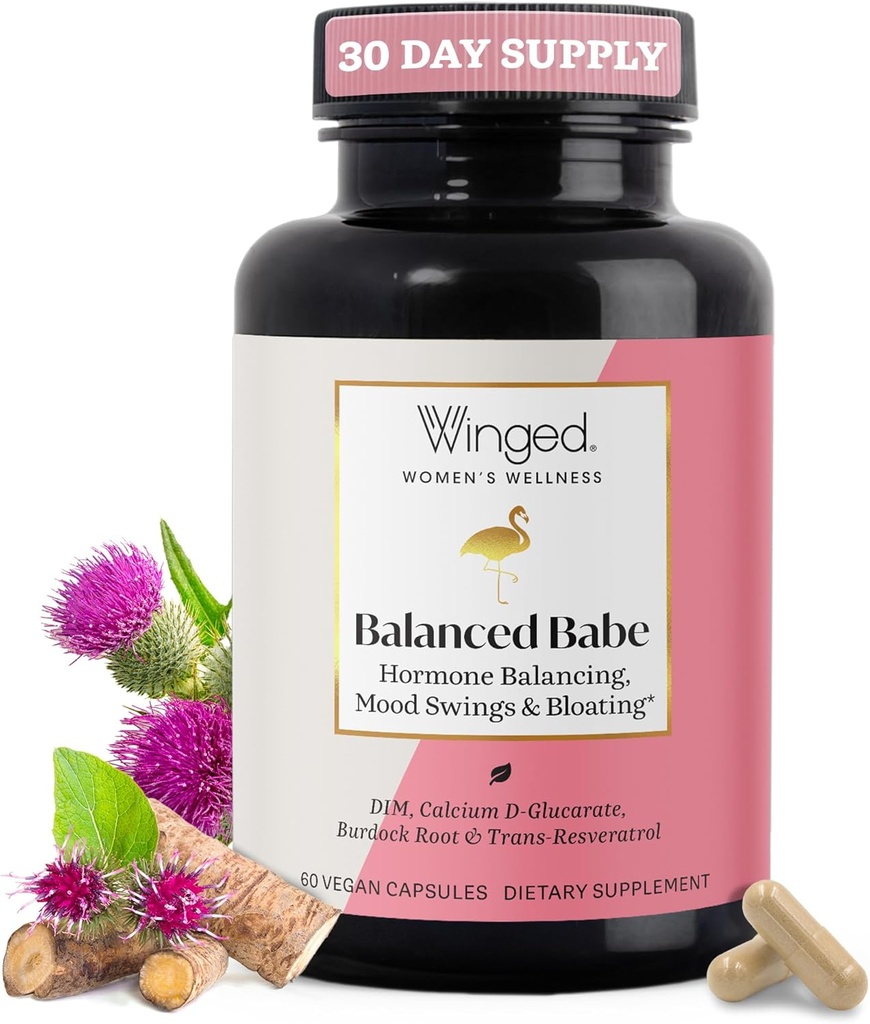 Winged Wellness Balance Babe, Hormone Balance & Estrogen Detox συμπλήρωμα για τις γυναίκες - 100mg DIM & D-Glucarate ασβέστιο & γαϊδουράγκαθο γάλακτος για PMS Bloating, Cramps, Mood & Hormonal Acne Υποστήριξη, 60 κάψουλες