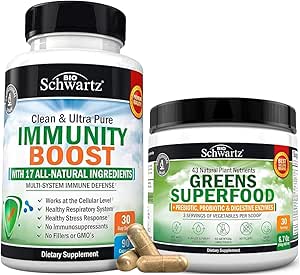 Super Greens Powder with Probiotics Prebiotics and Digestive Enzymes (30 Servings) Plus 17 in 1 Immune Support Supplement with Antioxidants (1 Month Supply)