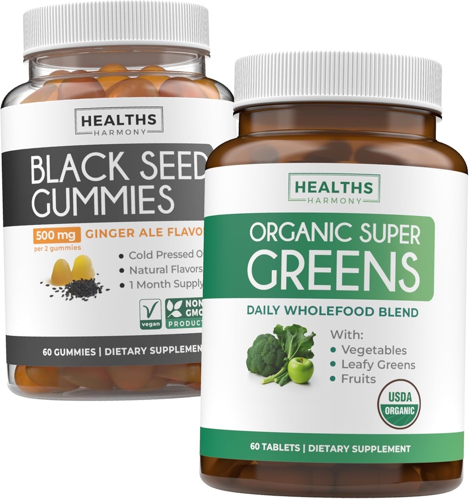 Black Seed Oil Gummies & Super Greens (1-Month) - Daily Green Boost - Black Seed Oil Gummies Ginger Ale Flavor Cold-Pressed Nigella Sativa & Organic Super Greens Tamam Super Food Supplement