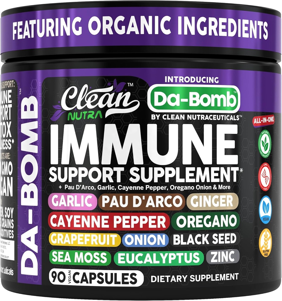 Organik Immune Support with PAU D'Arco Garlic Cayenne Pepper Oregano Ginger Grapetre Onion Black Seed Sea Moss Black Pepper Çinko Eucalyptus C Vitamin D Organik Soursop by Clean Nutra