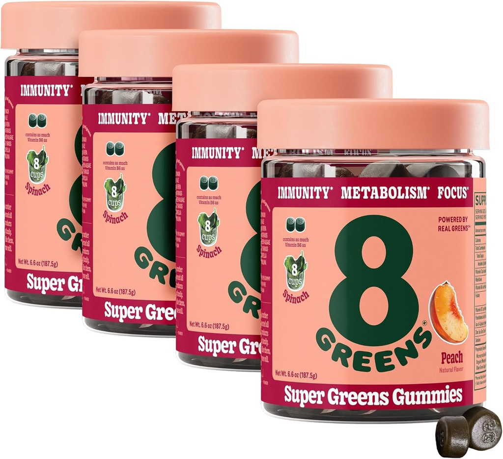 8Greens Supergreens Gummies | Super Greens Toz Superfood Gummy for Metabolism, Immunity & Focus, Digestive Health Enzymes, Organic: Chlorella, Spirulina, Aloe Vera, Peach Flavor, 200 Count