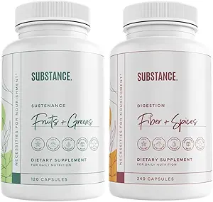 SUBSTANCE. Grafik: Nature's Sustenance Daily Fruits & Veggies (120 Capsules) + Nature's Fiber & Spices (240 Capsules) - Gelişmiş Digestive Health, Energy & General Wellness - US Made, Vegan-Friendly